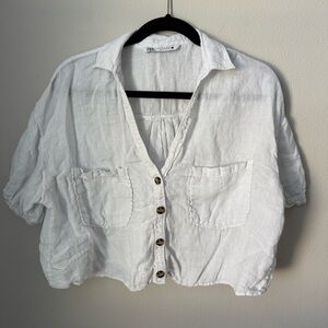 Zara Oversized White Cropped Button-Up Blended Linen Top Size Medium